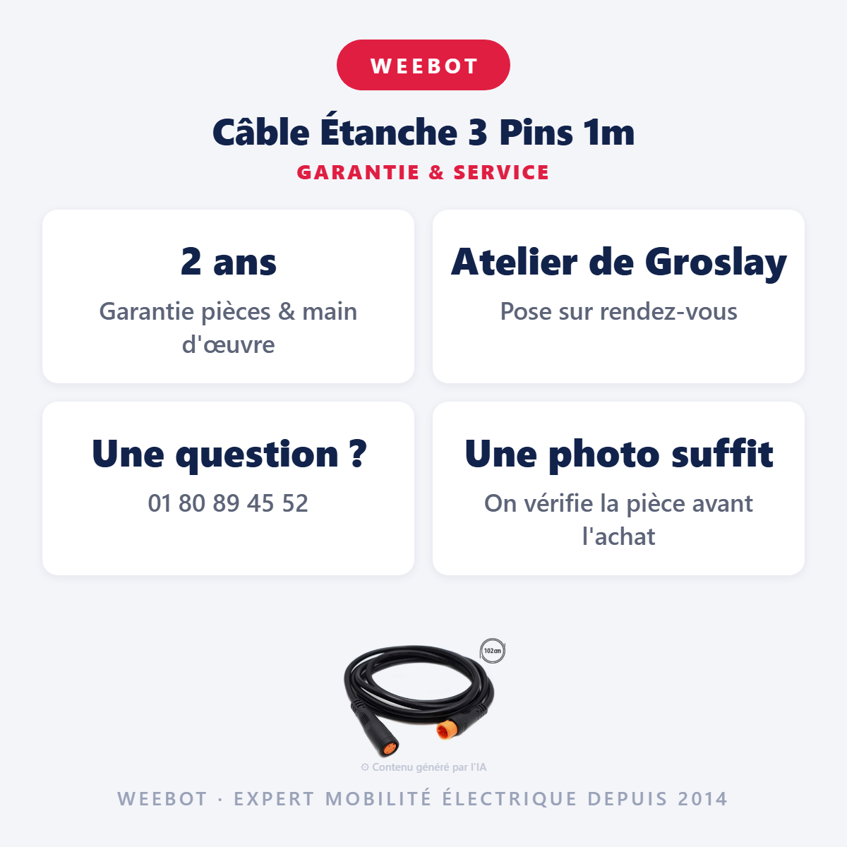 Câble Étanche 3 Pins 1m : garantie 2 ans et service après-vente