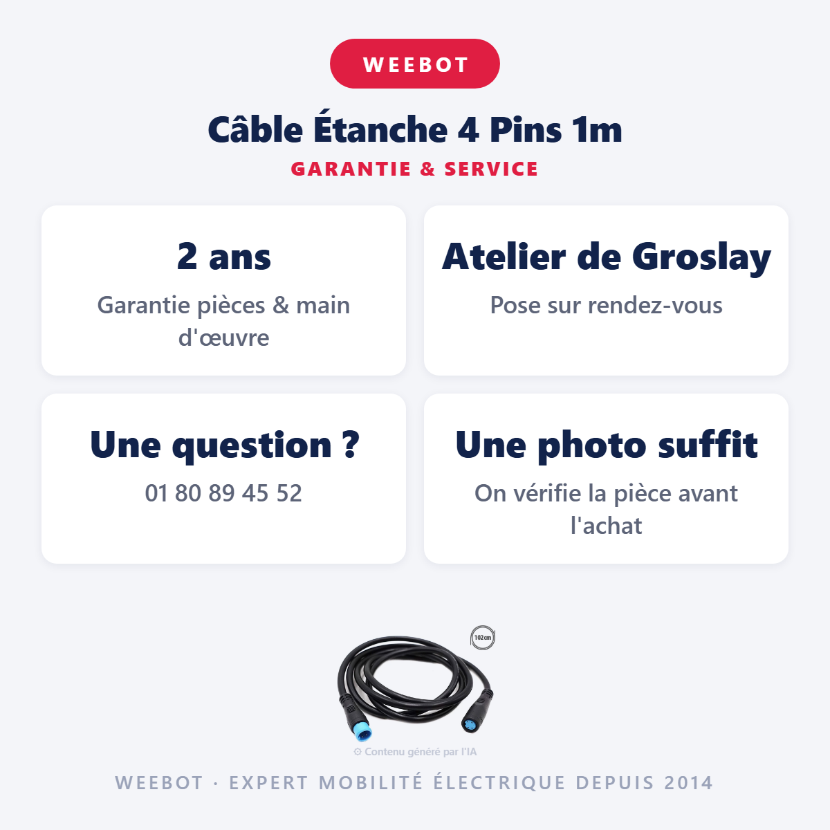 Câble Étanche 4 Pins 1m : garantie 2 ans et service après-vente