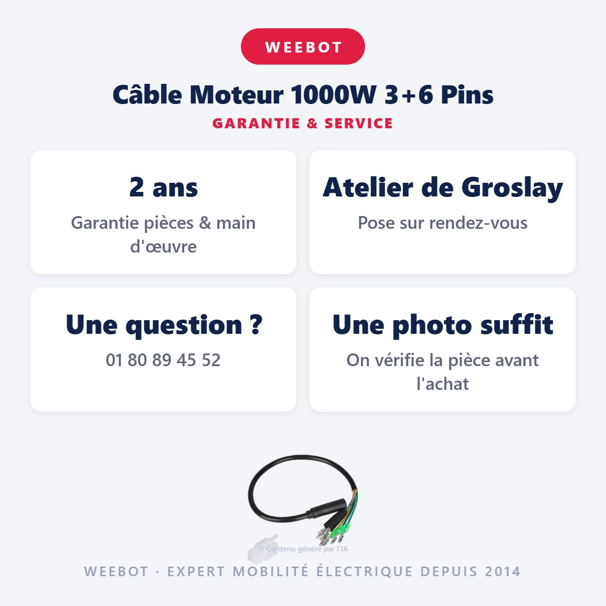 Câble Moteur 1000W 3+6 Pins : garantie 2 ans et service après-vente