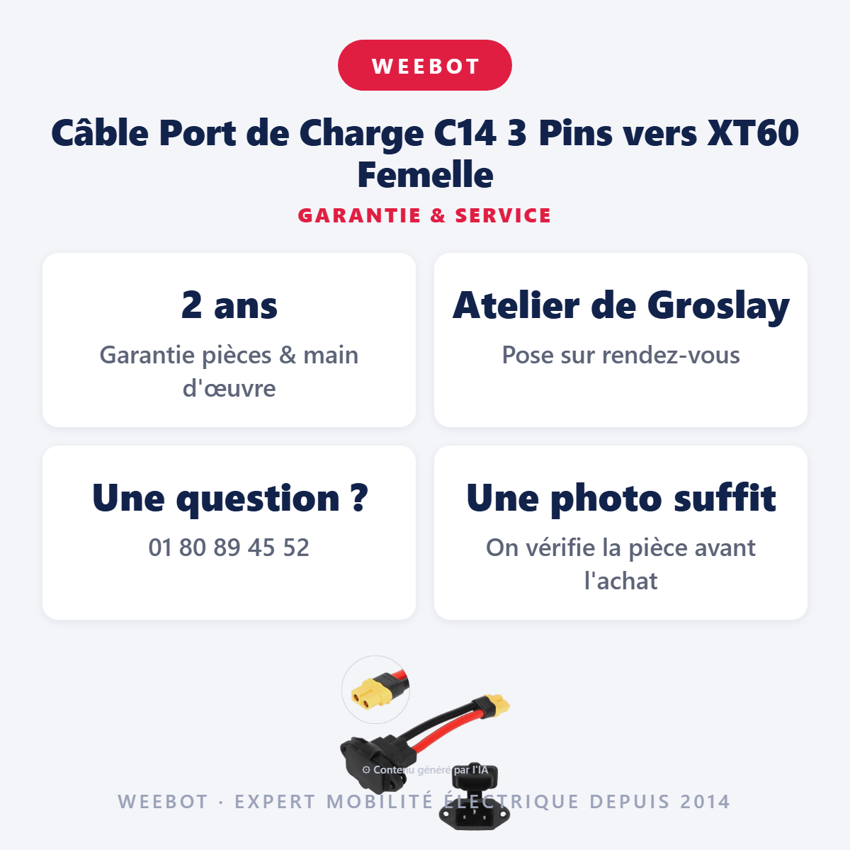 Câble Port de Charge C14 3 Pins vers XT60 Femelle : garantie 2 ans et service après-vente