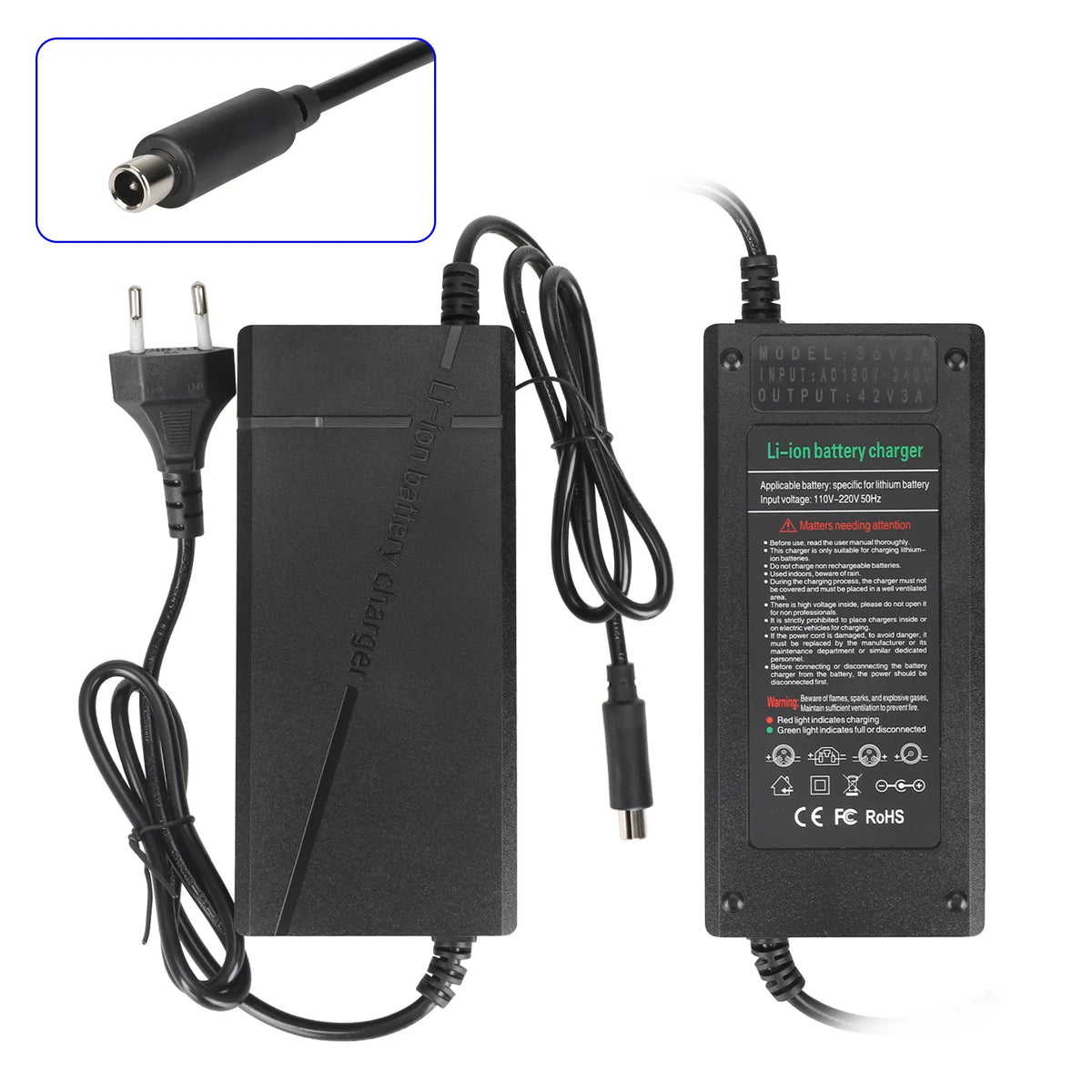 Chargeur 42V 3A noir pour trottinette électrique avec câble et prise secteur UE