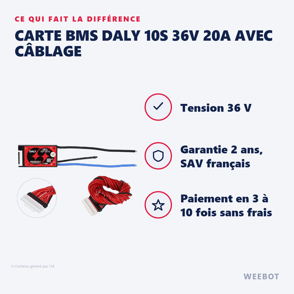 Carte BMS Daly 10S 36V 20A avec Câblage : les points forts