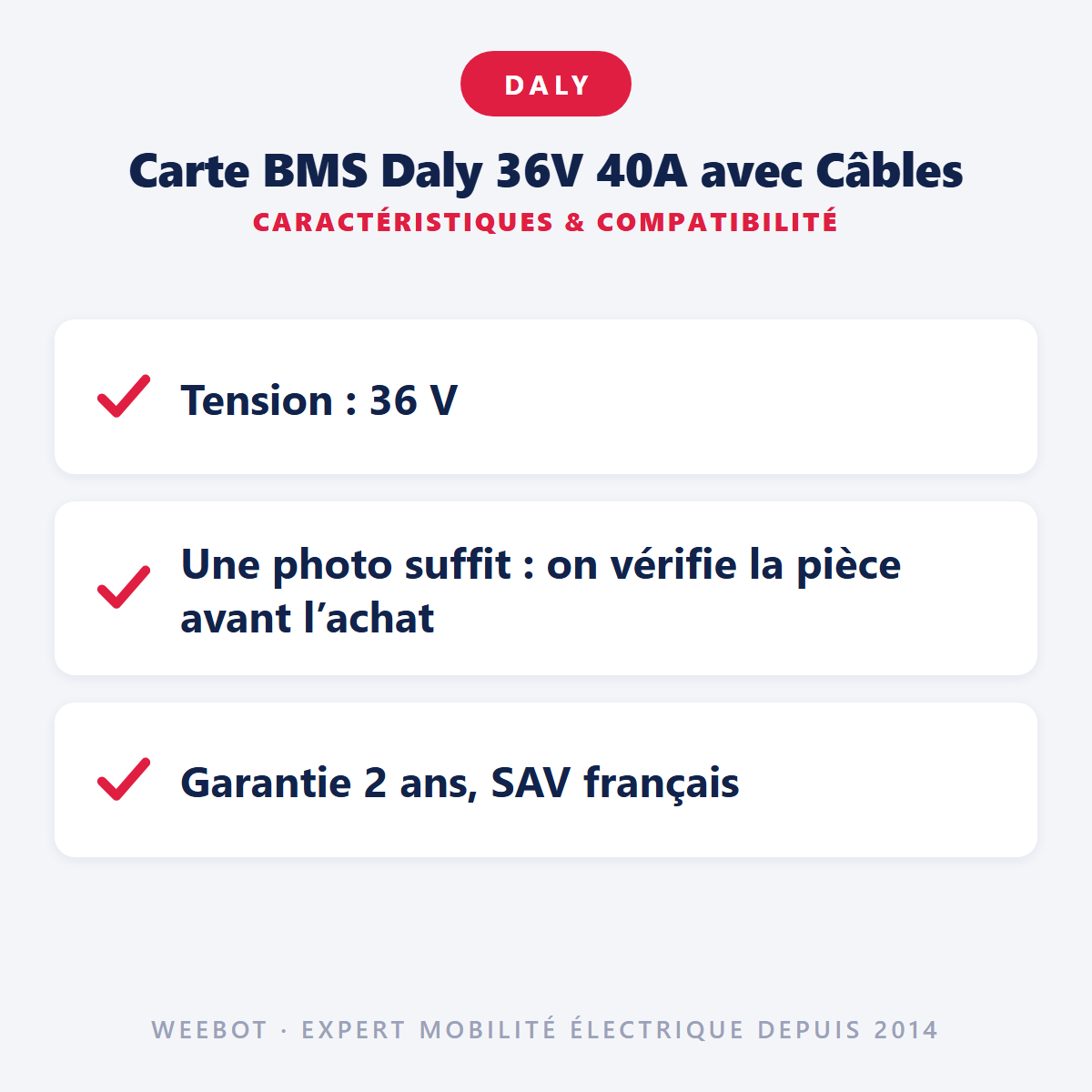 Carte BMS Daly 36V 40A avec Câbles : caractéristiques et compatibilité