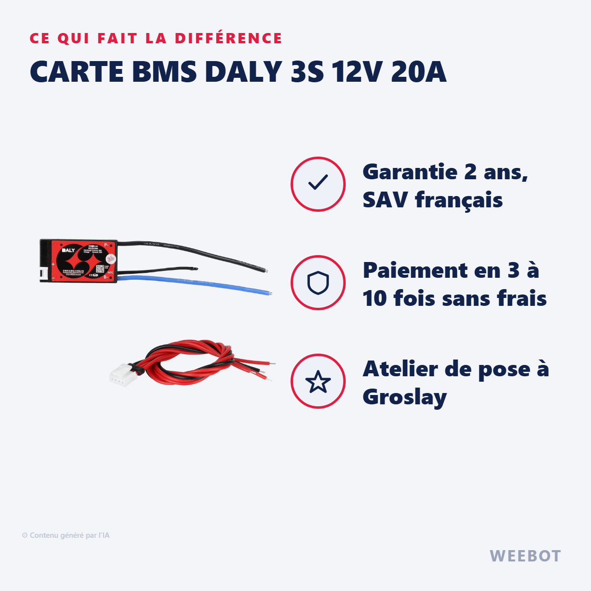 Carte BMS Daly 3S 12V 20A : les points forts