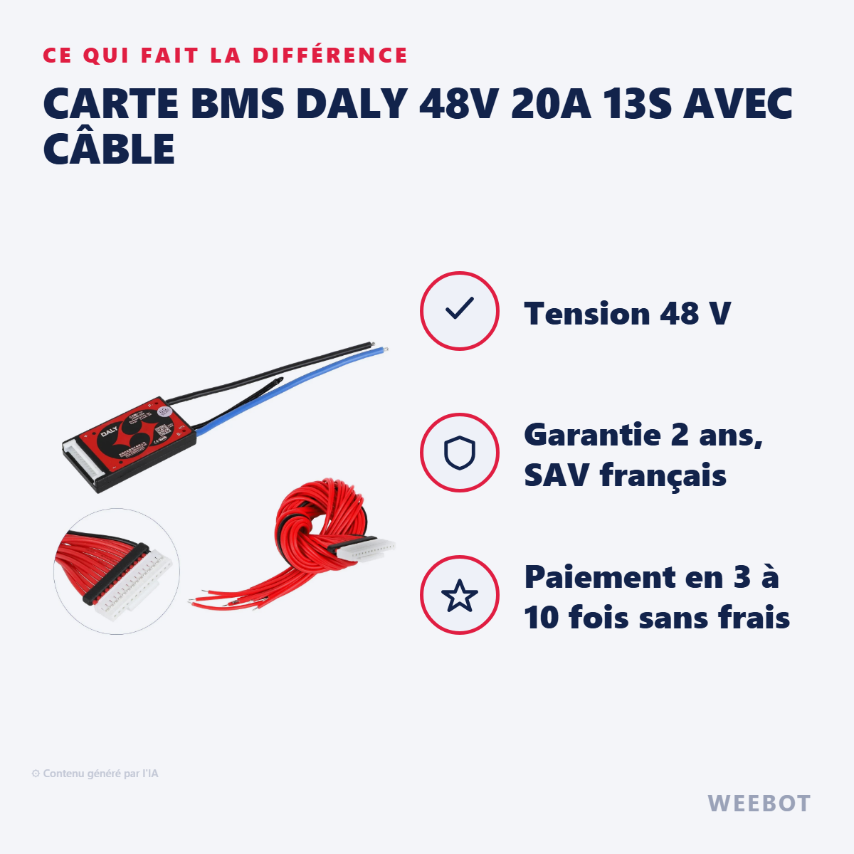 Carte BMS Daly 48V 20A 13S avec Câble : les points forts