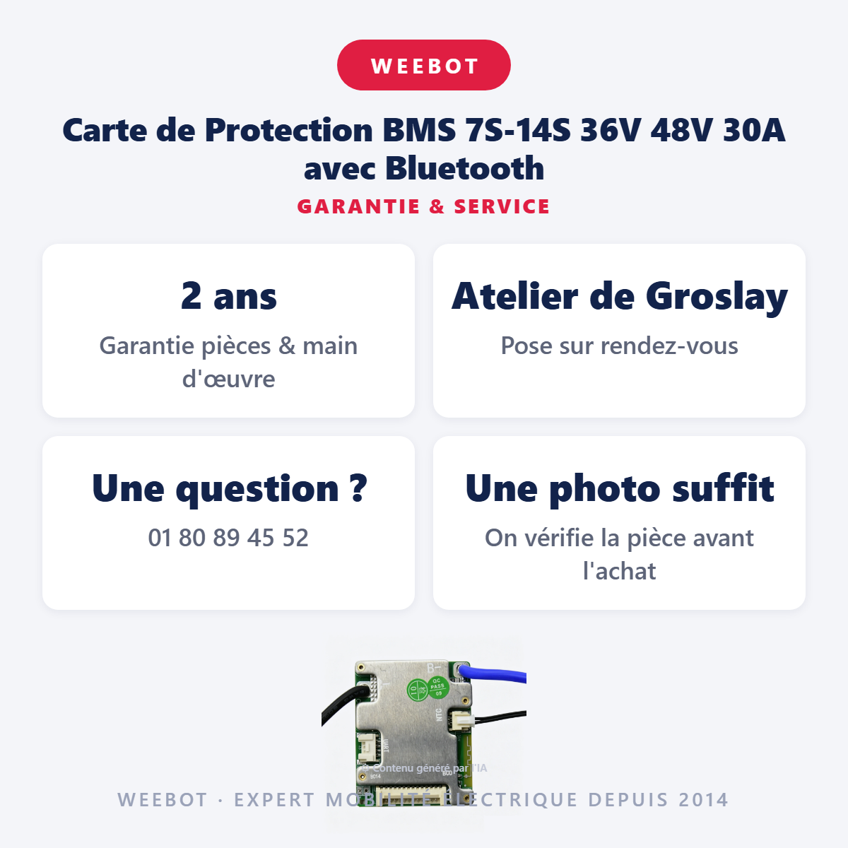 Carte de Protection BMS 7S-14S 36V 48V 30A avec Bluetooth : garantie 2 ans et service après-vente
