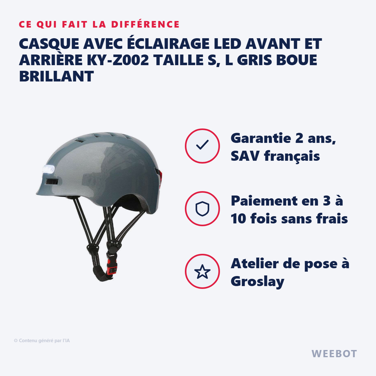 Casque avec Éclairage LED Avant et Arrière KY-Z002 Taille S, L Gris Boue Brillant : les points forts