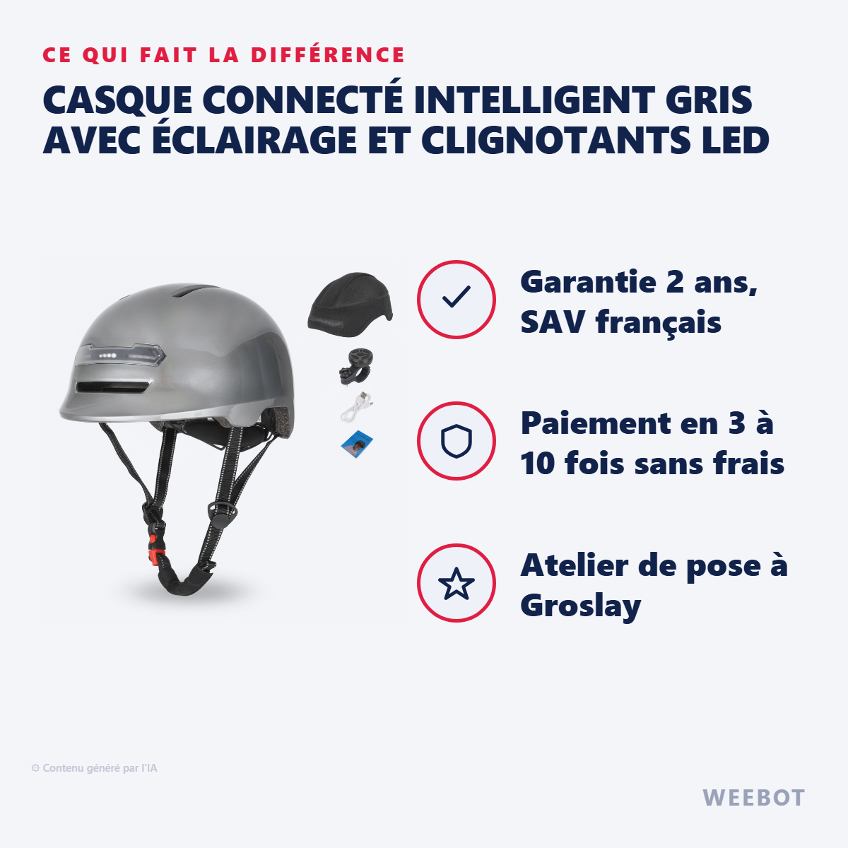 Casque Connecté Intelligent Gris avec Éclairage et Clignotants LED : les points forts