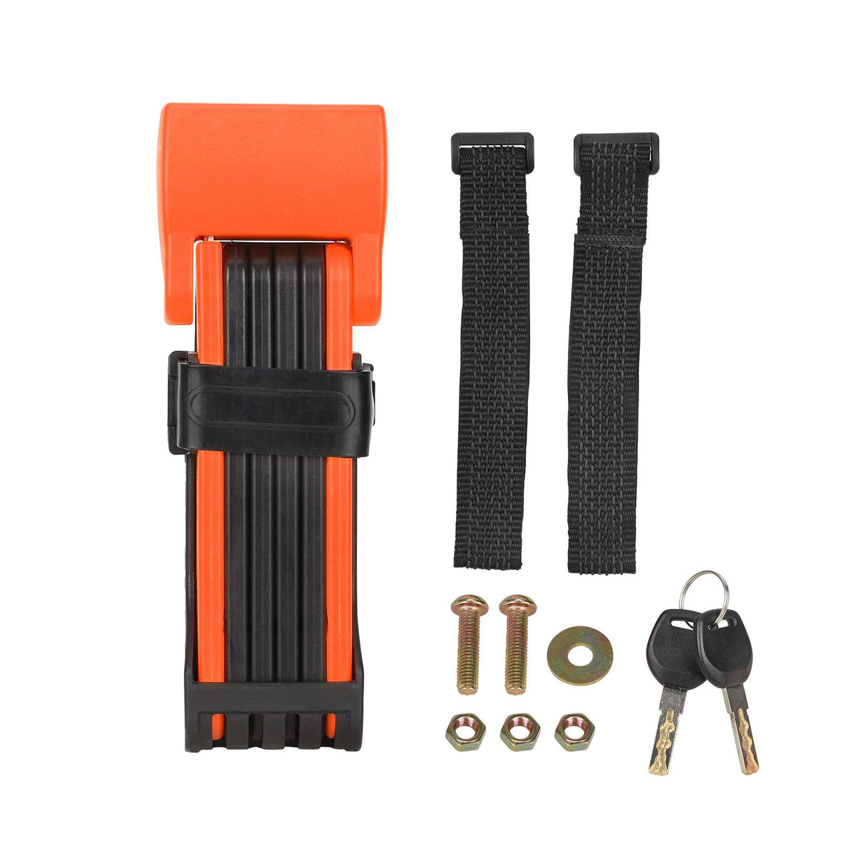 Antivol pliable rectangulaire orange avec ses clés et accessoires de fixation