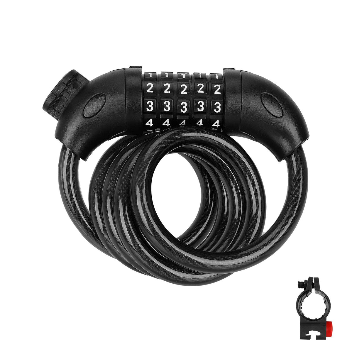 Antivol câble à code 5 chiffres noir avec son support de fixation
