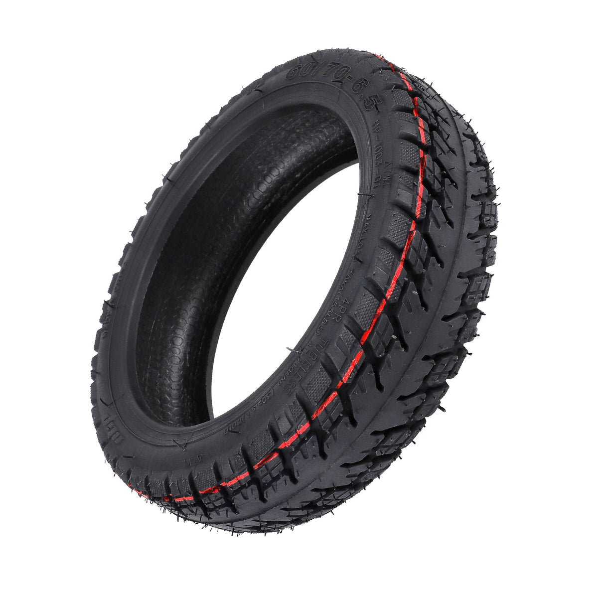 Pneu tubeless 10 pouces tout-terrain noir avec liseré rouge vu de trois-quarts