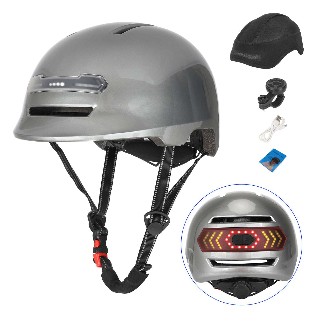 Casque intelligent gris pour trottinette et vélo avec éclairage LED et clignotants intégrés
