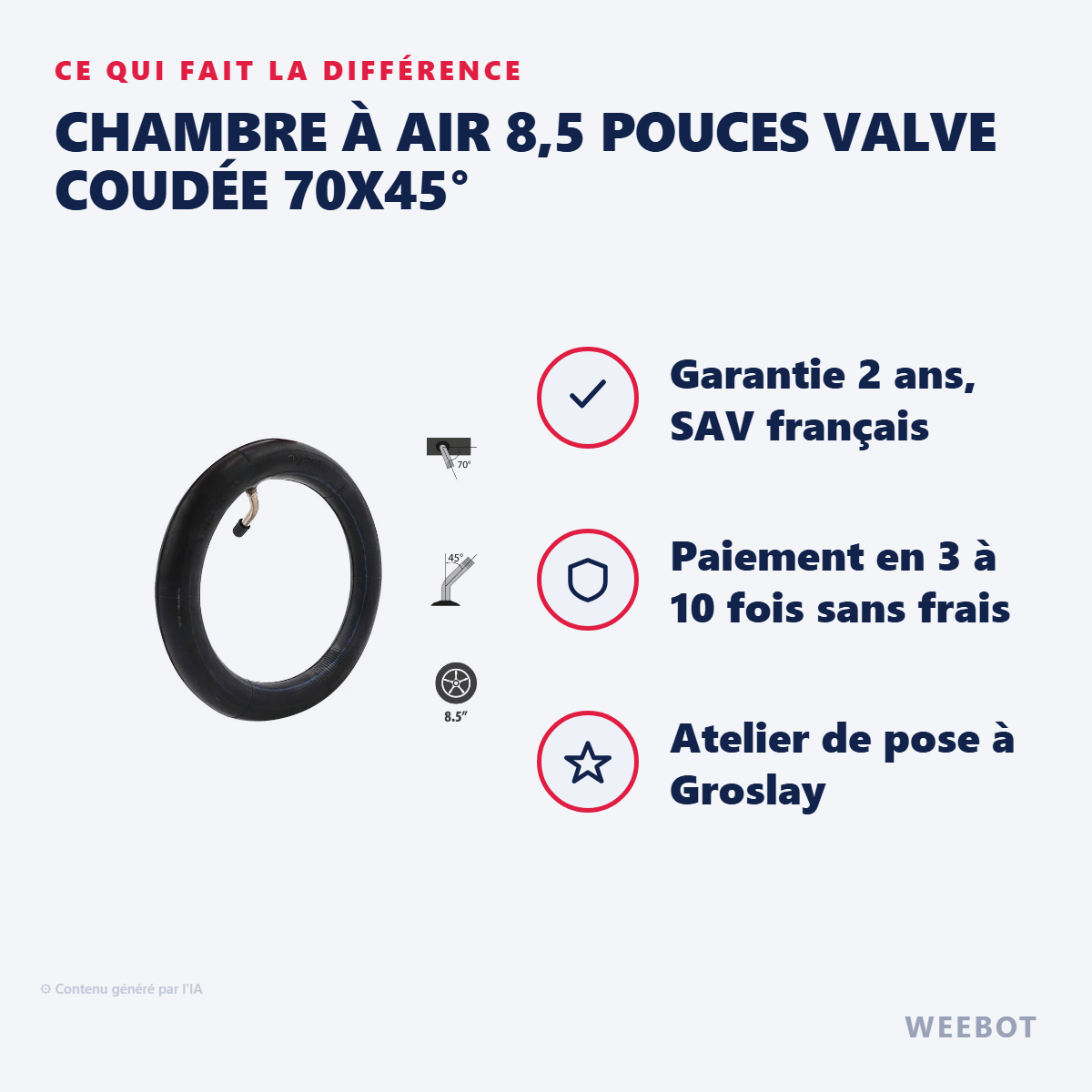 Chambre à Air 8,5 Pouces Valve Coudée 70x45° : les points forts