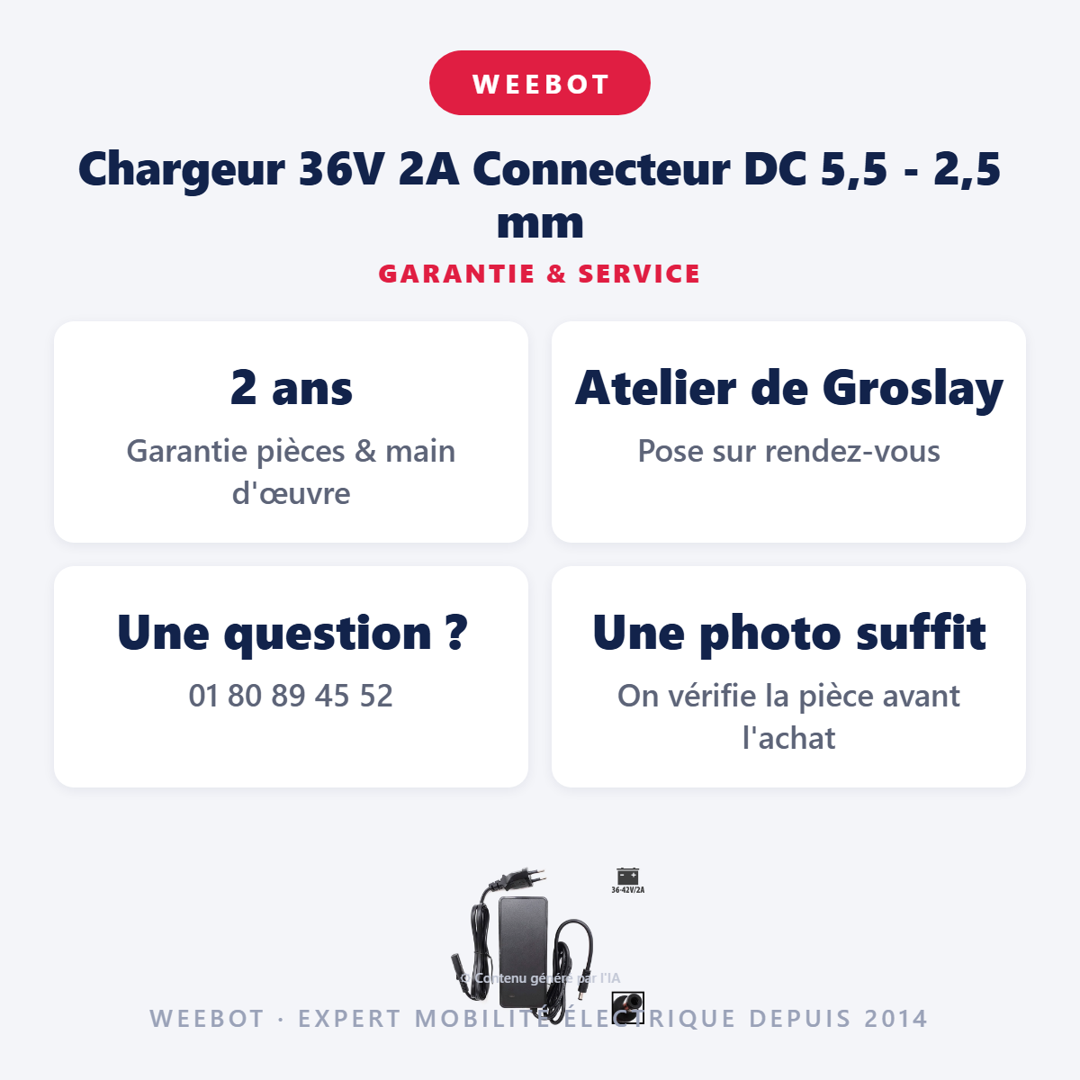 Chargeur 36V 2A Connecteur DC 5,5 - 2,5 mm : garantie 2 ans et service après-vente