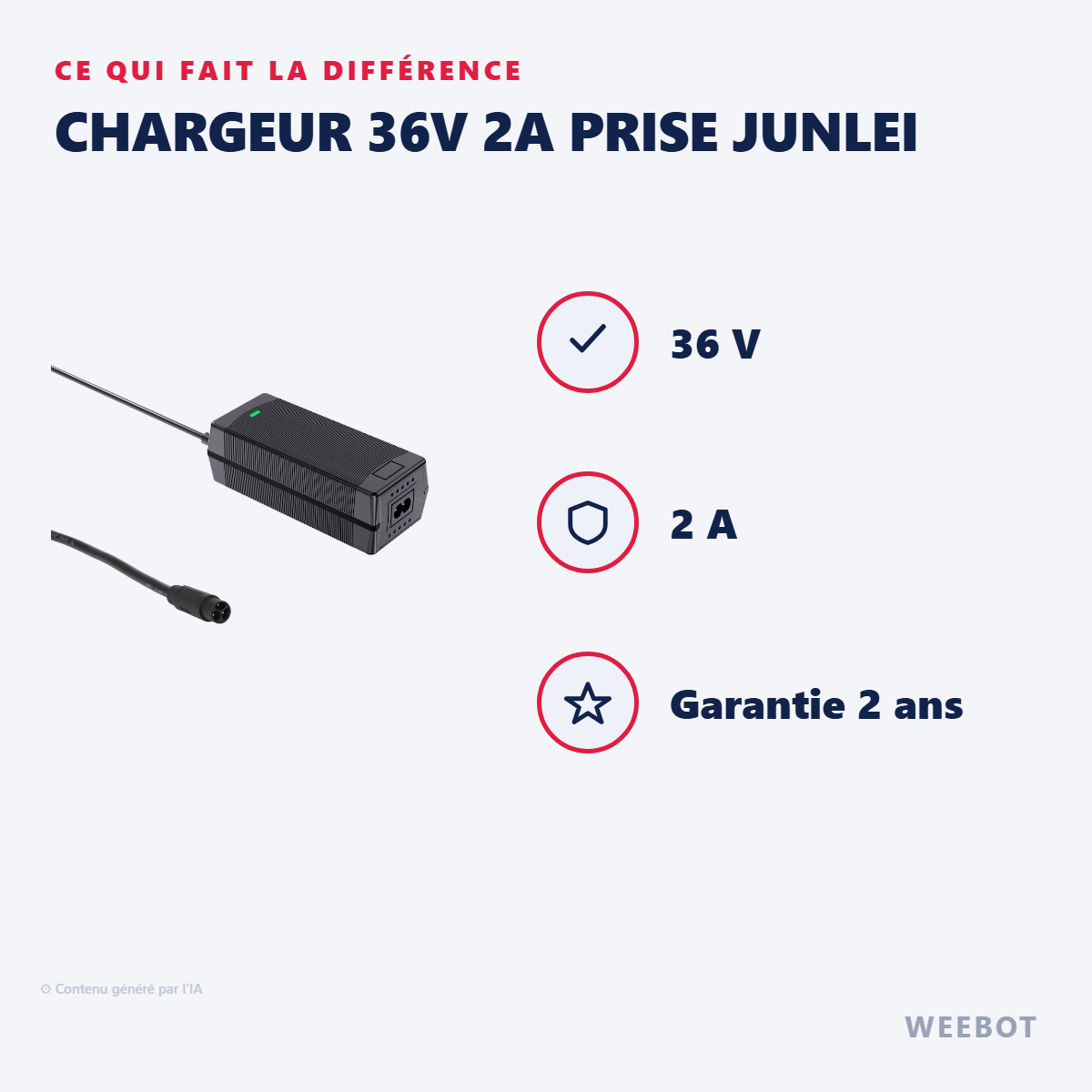 Chargeur 36V 2A Prise Junlei : les points forts