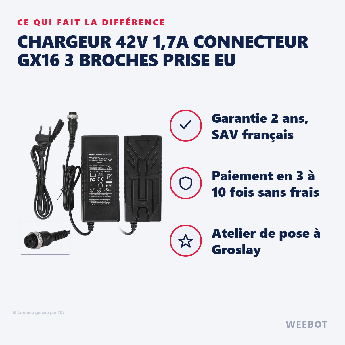 Chargeur 42V 1,7A Connecteur GX16 3 Broches Prise EU : les points forts
