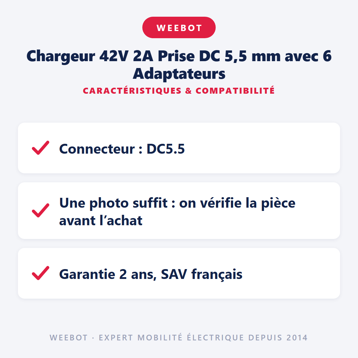 Chargeur 42V 2A Prise DC 5,5 mm avec 6 Adaptateurs : caractéristiques et compatibilité