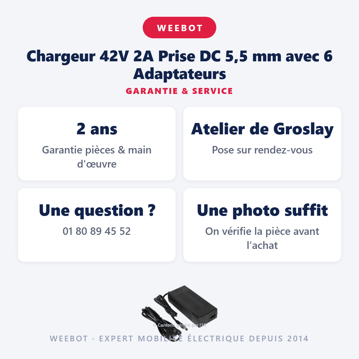 Chargeur 42V 2A Prise DC 5,5 mm avec 6 Adaptateurs : garantie 2 ans et service après-vente