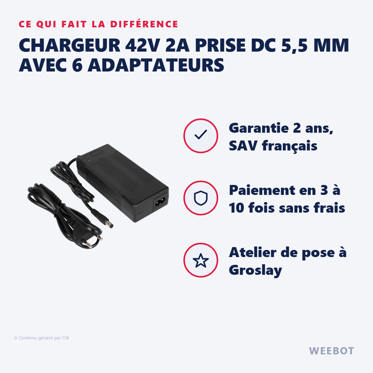 Chargeur 42V 2A Prise DC 5,5 mm avec 6 Adaptateurs : les points forts