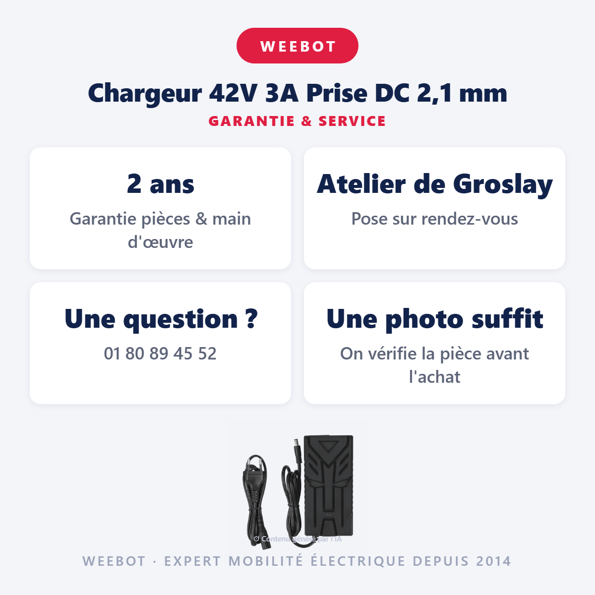 Chargeur 42V 3A Prise DC 2,1 mm : garantie 2 ans et service après-vente