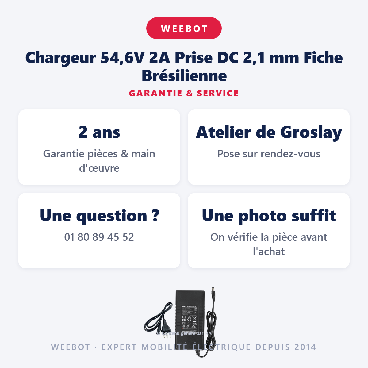 Chargeur 54,6V 2A Prise DC 2,1 mm Fiche Brésilienne : garantie 2 ans et service après-vente