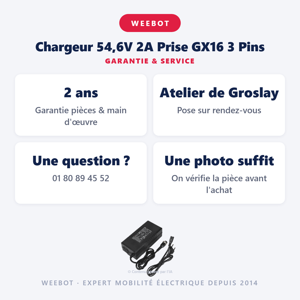 Chargeur 54,6V 2A Prise GX16 3 Pins : garantie 2 ans et service après-vente