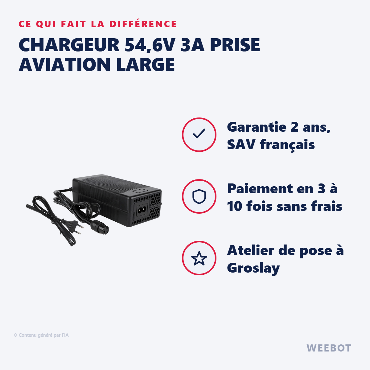 Chargeur 54,6V 3A Prise Aviation Large : les points forts
