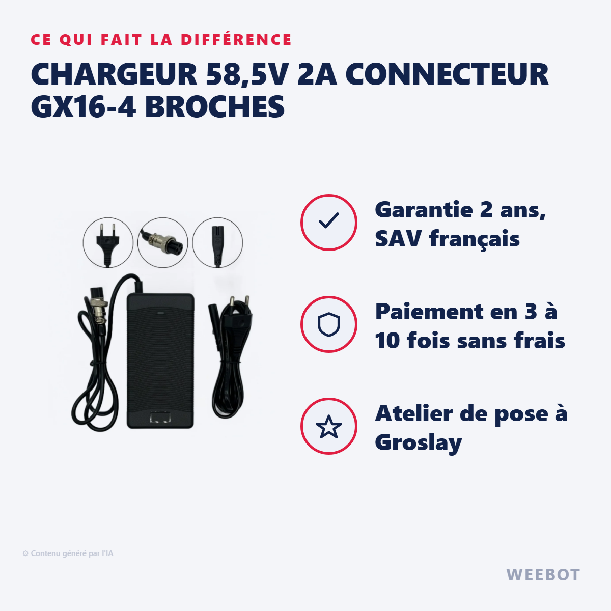 Chargeur 58,5V 2A Connecteur GX16-4 Broches : les points forts