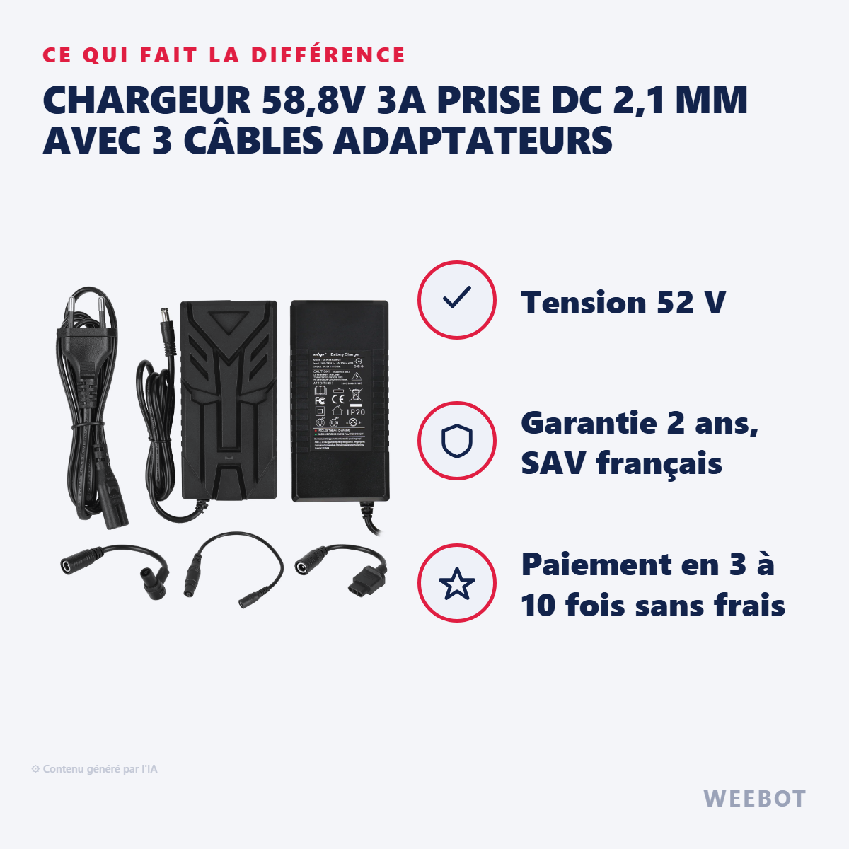 Chargeur 58,8V 3A Prise DC 2,1 mm avec 3 Câbles Adaptateurs : les points forts
