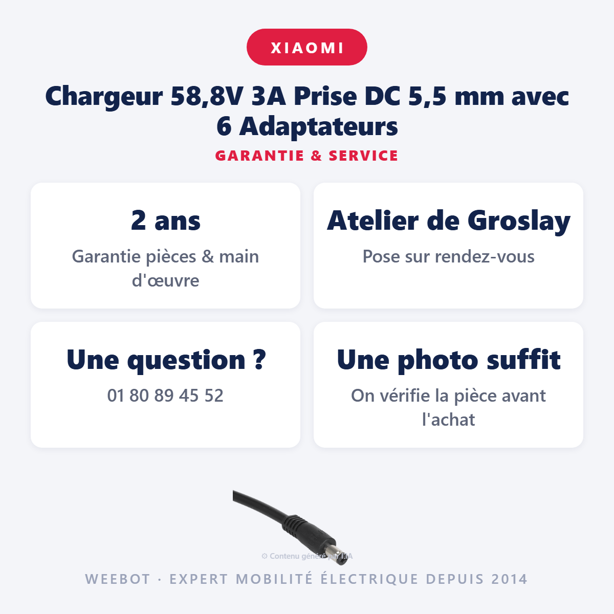 Chargeur 58,8V 3A Prise DC 5,5 mm avec 6 Adaptateurs : garantie 2 ans et service après-vente