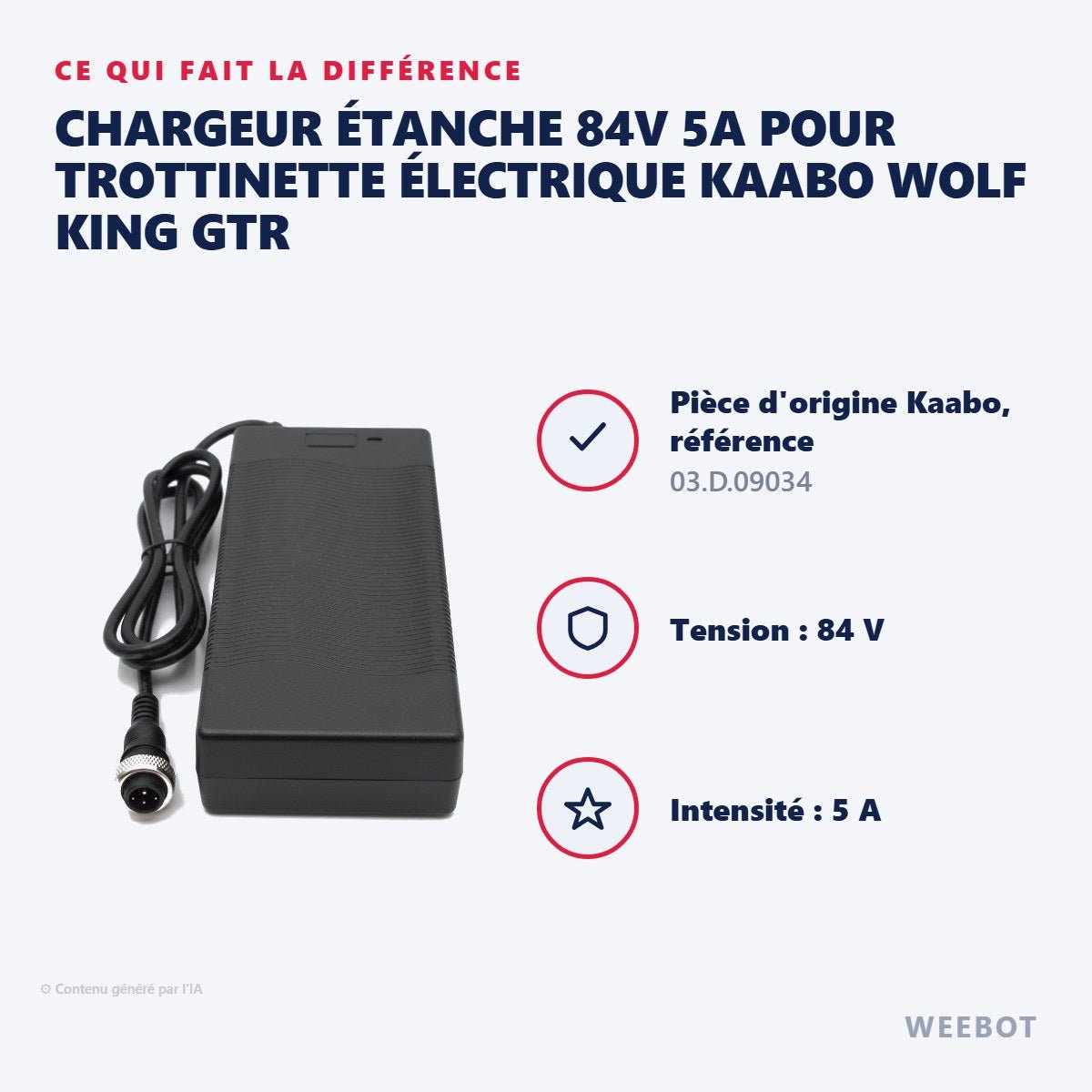 Chargeur Étanche 84V 5A pour Trottinette Électrique Kaabo Wolf King GTR - Weebot
