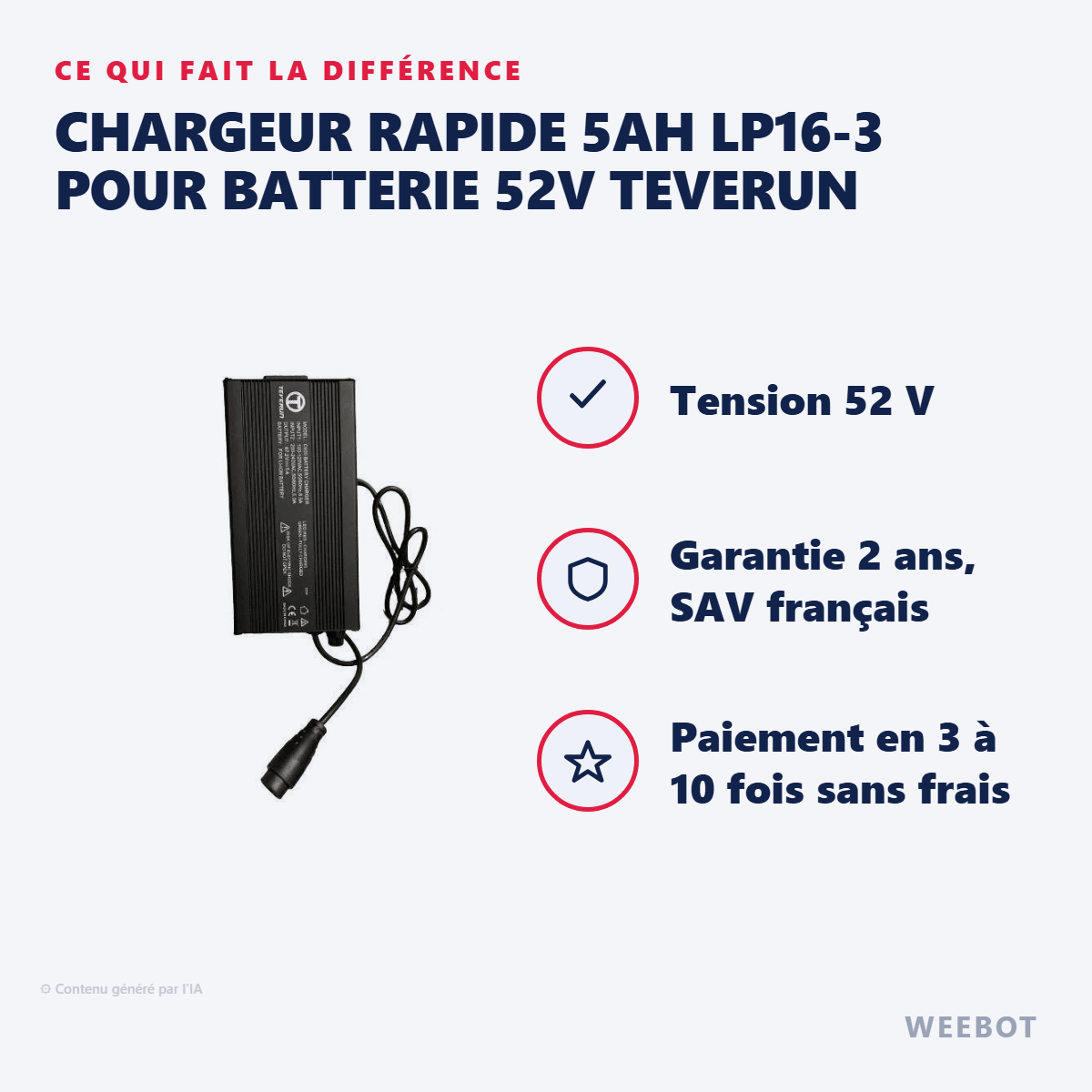 Chargeur Rapide 5Ah LP16-3 pour Batterie 52V Teverun - Weebot