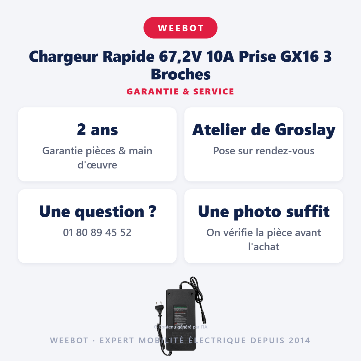 Chargeur Rapide 67,2V 10A Prise GX16 3 Broches : garantie 2 ans et service après-vente