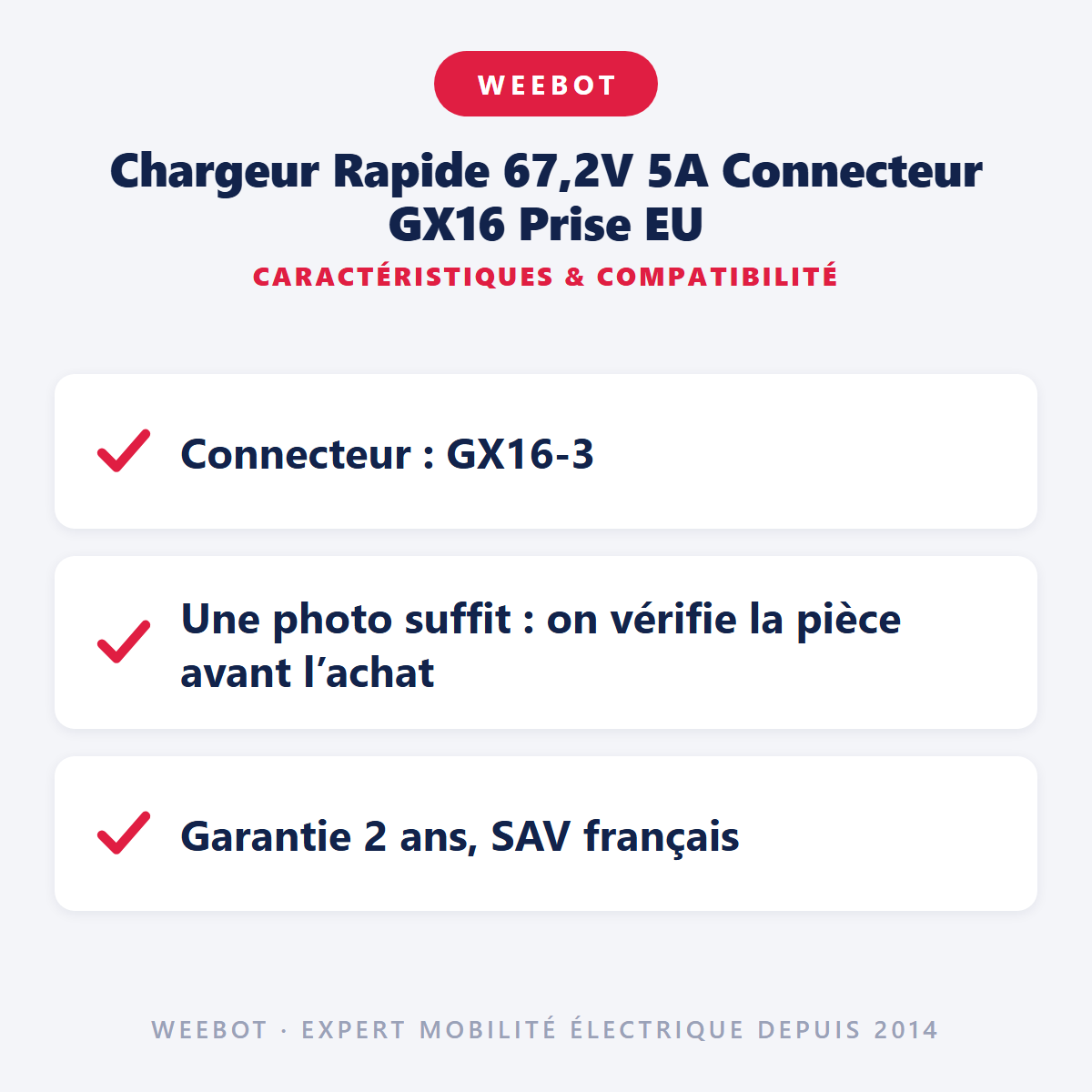 Chargeur Rapide 67,2V 5A Connecteur GX16 Prise EU : caractéristiques et compatibilité