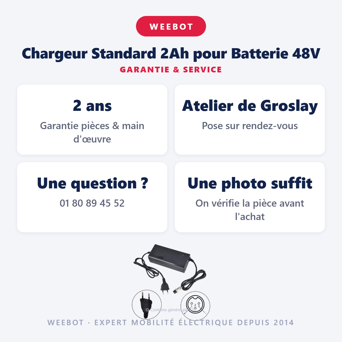Chargeur Standard 2Ah pour Batterie 48V : garantie 2 ans et service après-vente