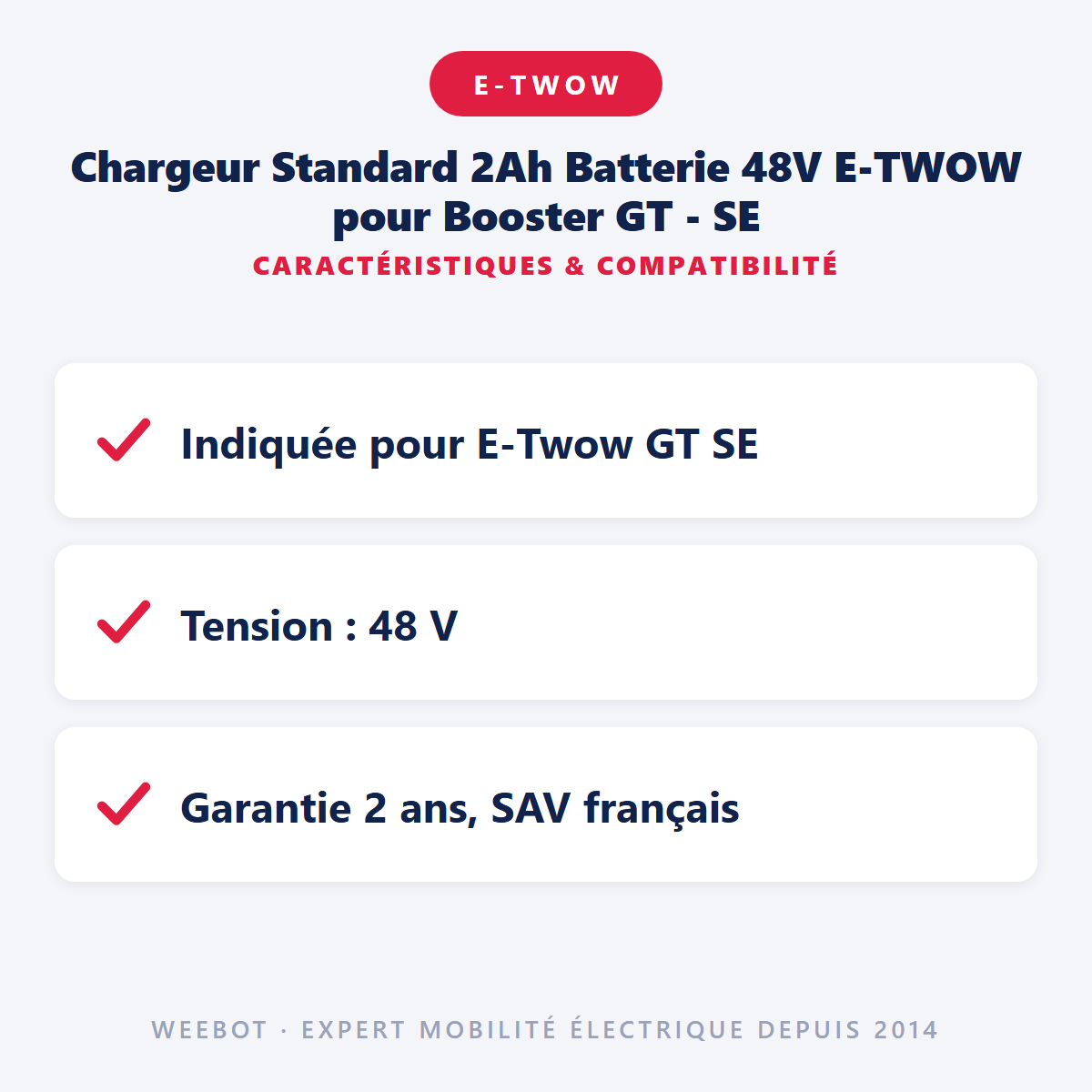 Chargeur Standard 2Ah Batterie 48V E-TWOW pour Booster GT - SE : caractéristiques et compatibilité