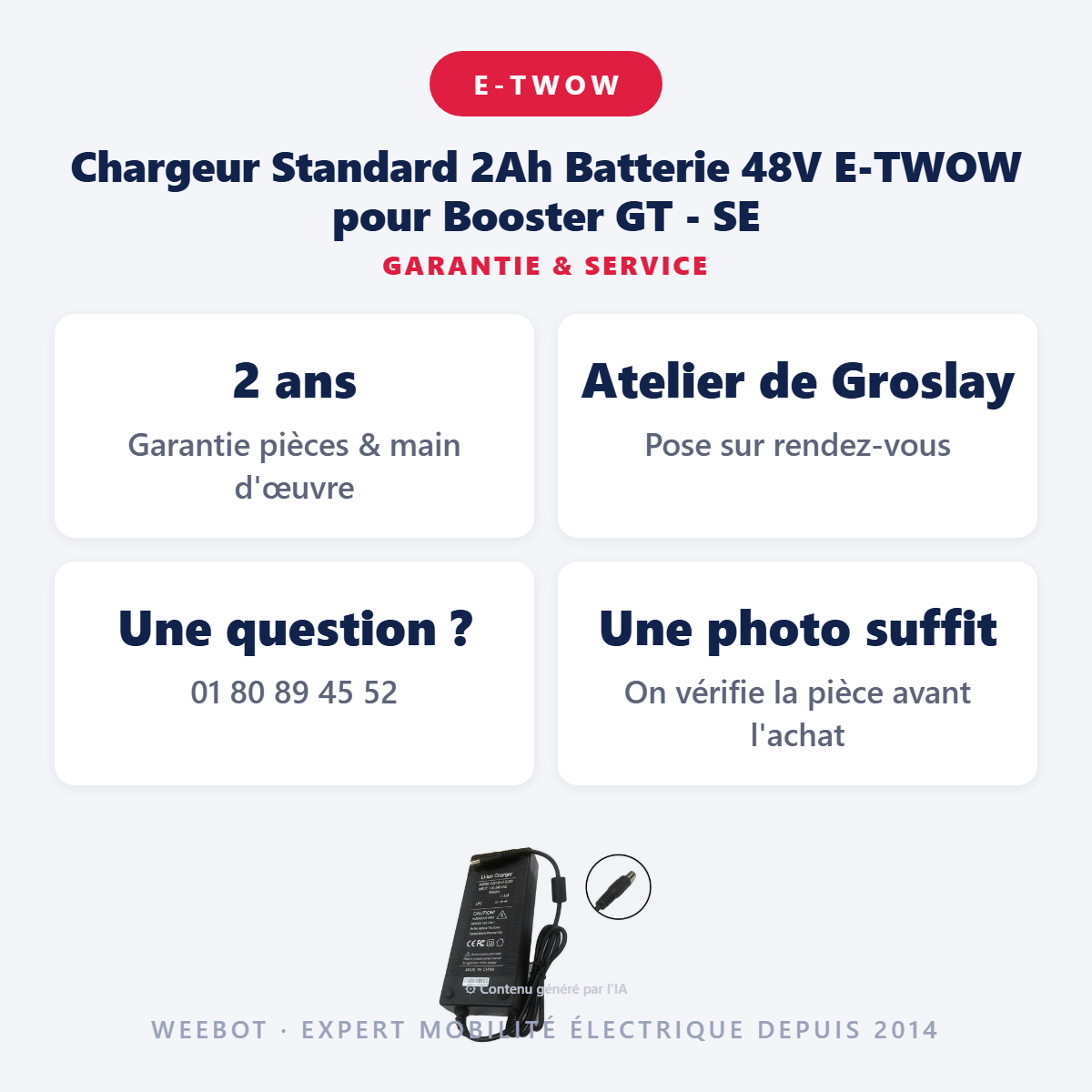 Chargeur Standard 2Ah Batterie 48V E-TWOW pour Booster GT - SE : garantie 2 ans et service après-vente