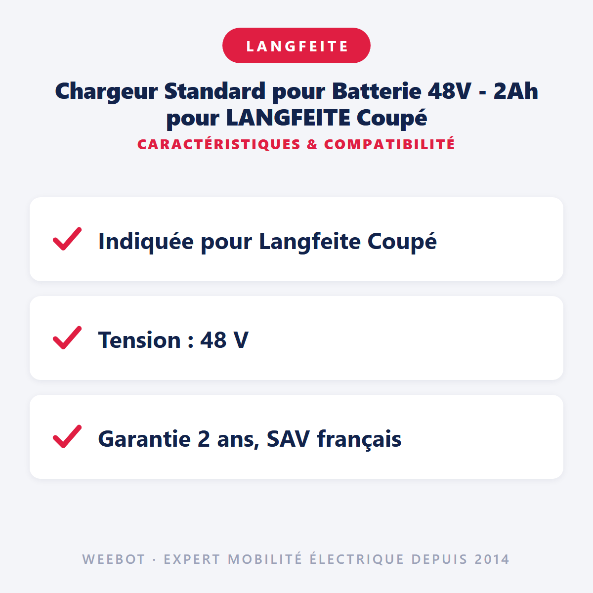 Chargeur Standard pour Batterie 48V - 2Ah pour LANGFEITE Coupé - Weebot