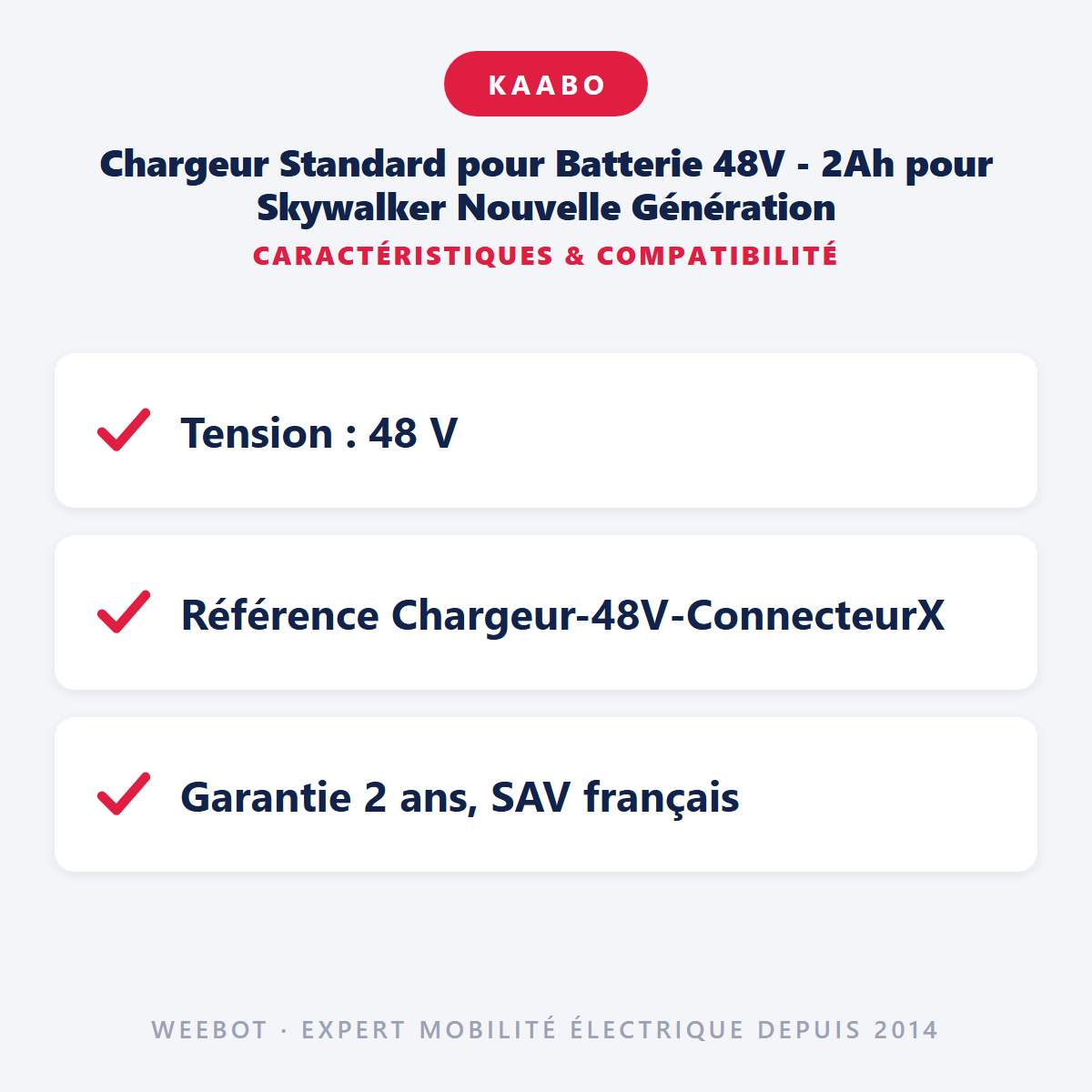 Chargeur Standard pour Batterie 48V - 2Ah pour Skywalker Nouvelle Génération : caractéristiques et compatibilité