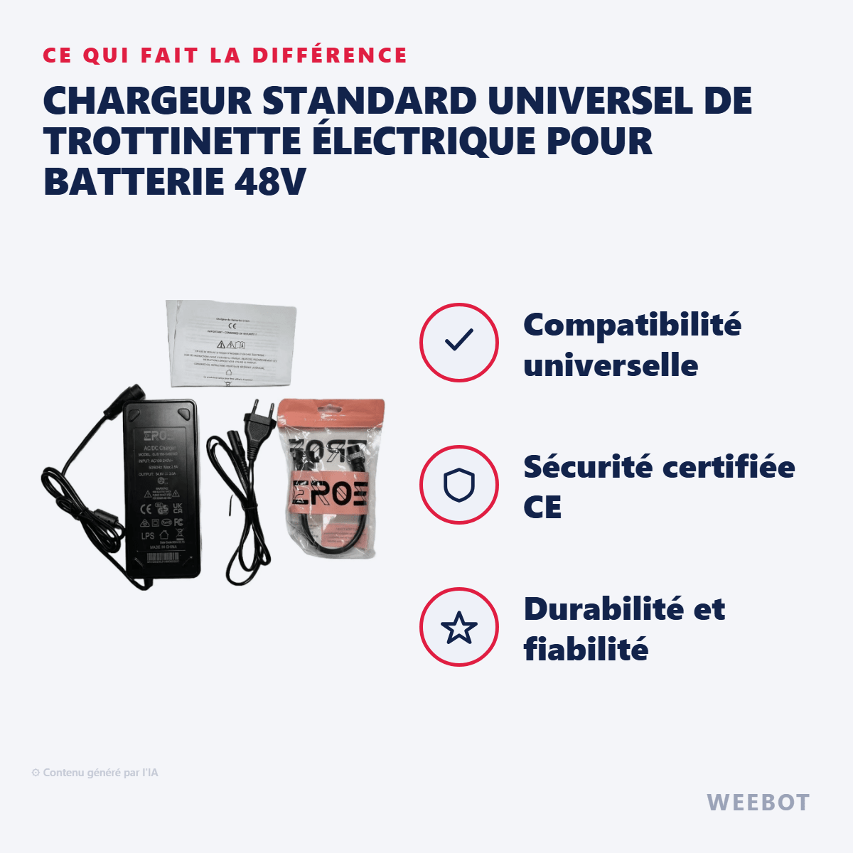 Chargeur Standard Universel de Trottinette Électrique pour Batterie 48V - Weebot