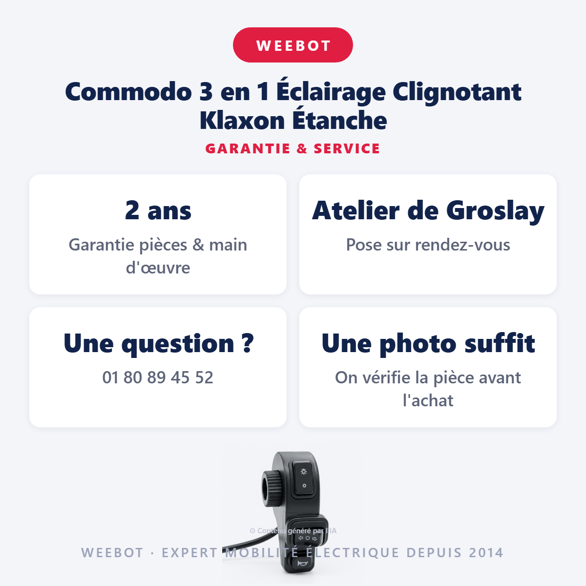 Commodo 3 en 1 Éclairage Clignotant Klaxon Étanche : garantie 2 ans et service après-vente