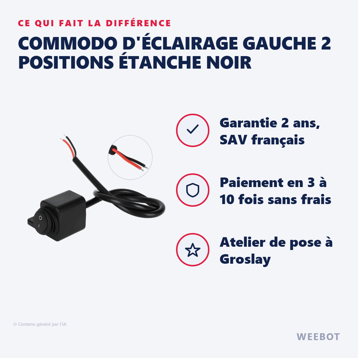 Commodo d'Éclairage Gauche 2 Positions Étanche Noir : les points forts