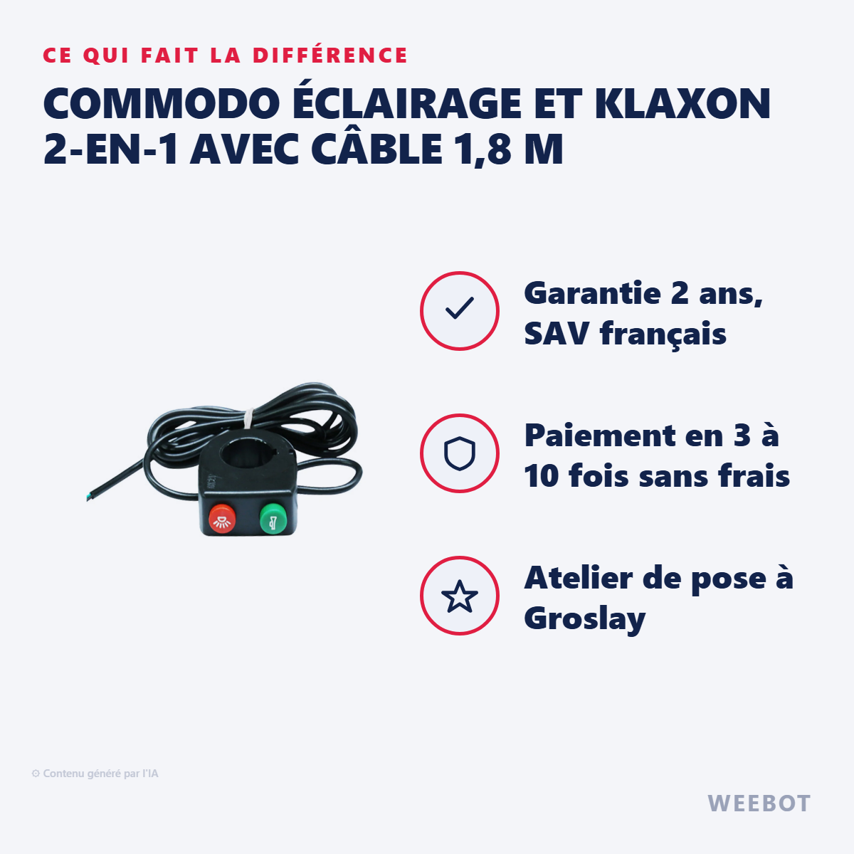 Commodo Éclairage et Klaxon 2-en-1 avec Câble 1,8 m : les points forts