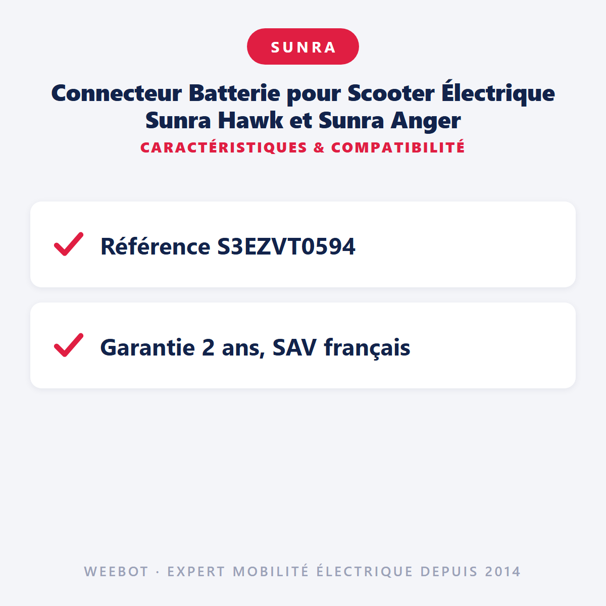 Connecteur Batterie pour Scooter Électrique Sunra Hawk et Sunra Anger : caractéristiques et compatibilité