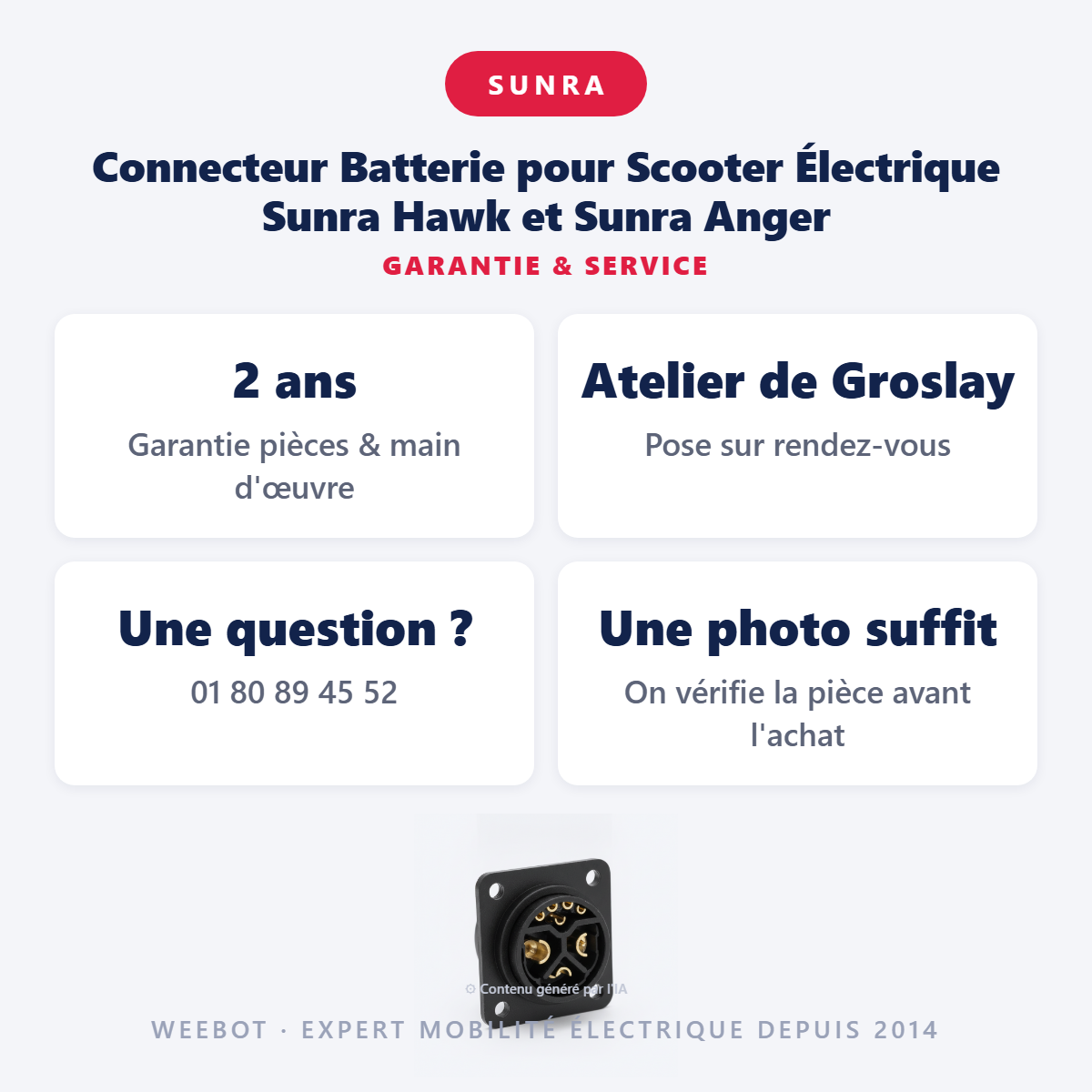 Connecteur Batterie pour Scooter Électrique Sunra Hawk et Sunra Anger : garantie 2 ans et service après-vente