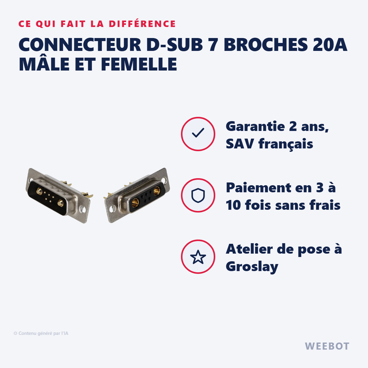 Connecteur D-Sub 7 Broches 20A Mâle et Femelle : les points forts