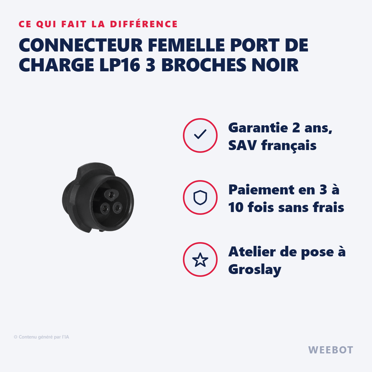 Connecteur Femelle Port de Charge LP16 3 Broches Noir : les points forts