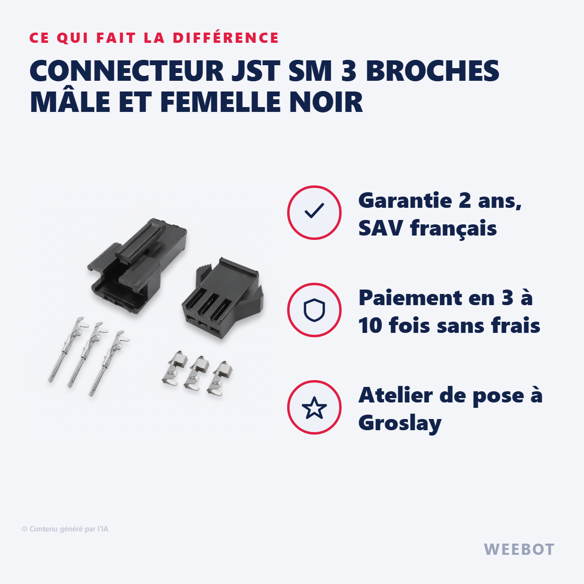 Connecteur JST SM 3 Broches Mâle et Femelle Noir : les points forts