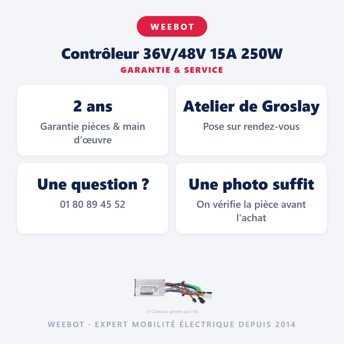 Contrôleur 36V/48V 15A 250W : garantie 2 ans et service après-vente