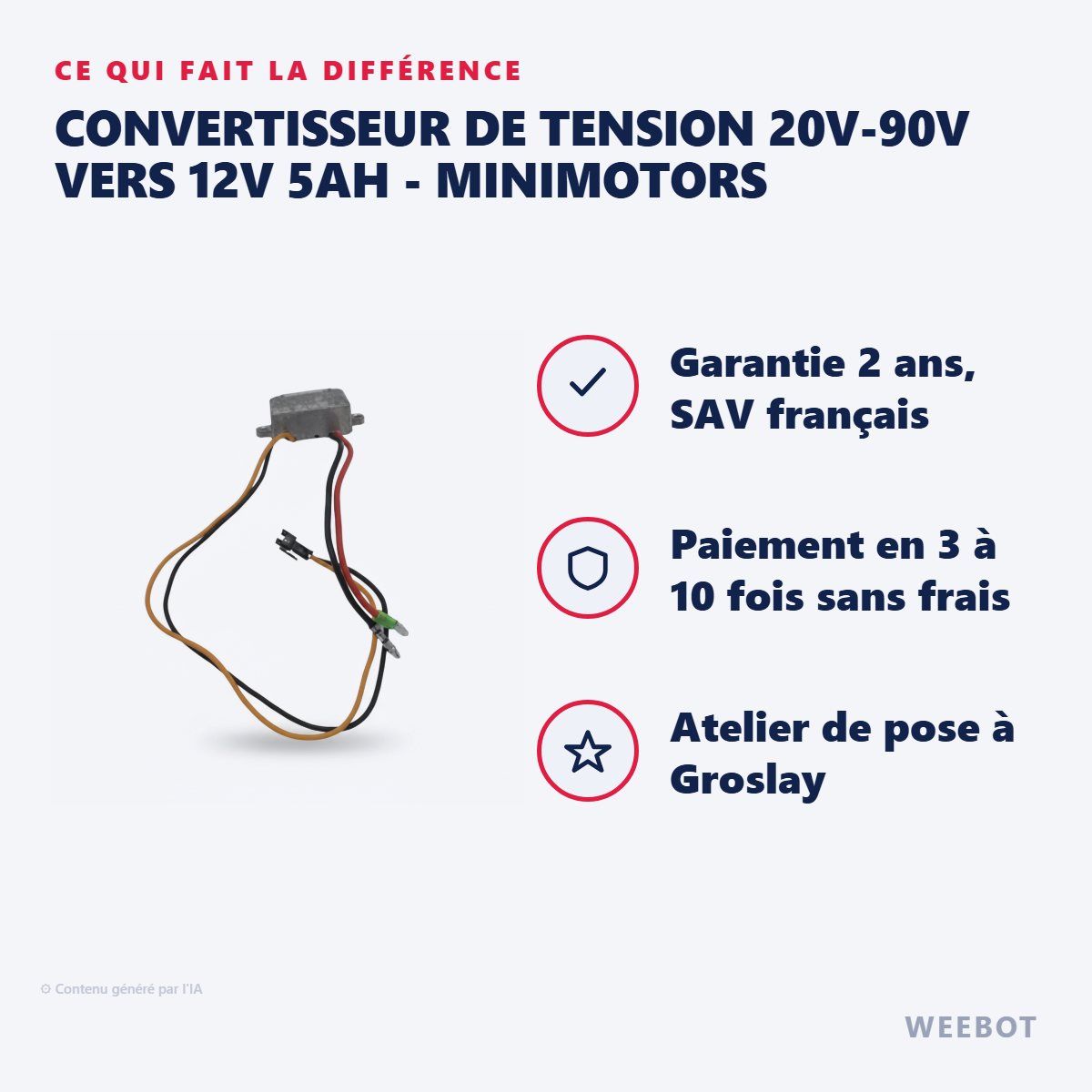 Convertisseur De Tension 20V-90V vers 12V 5Ah - Minimotors : les points forts
